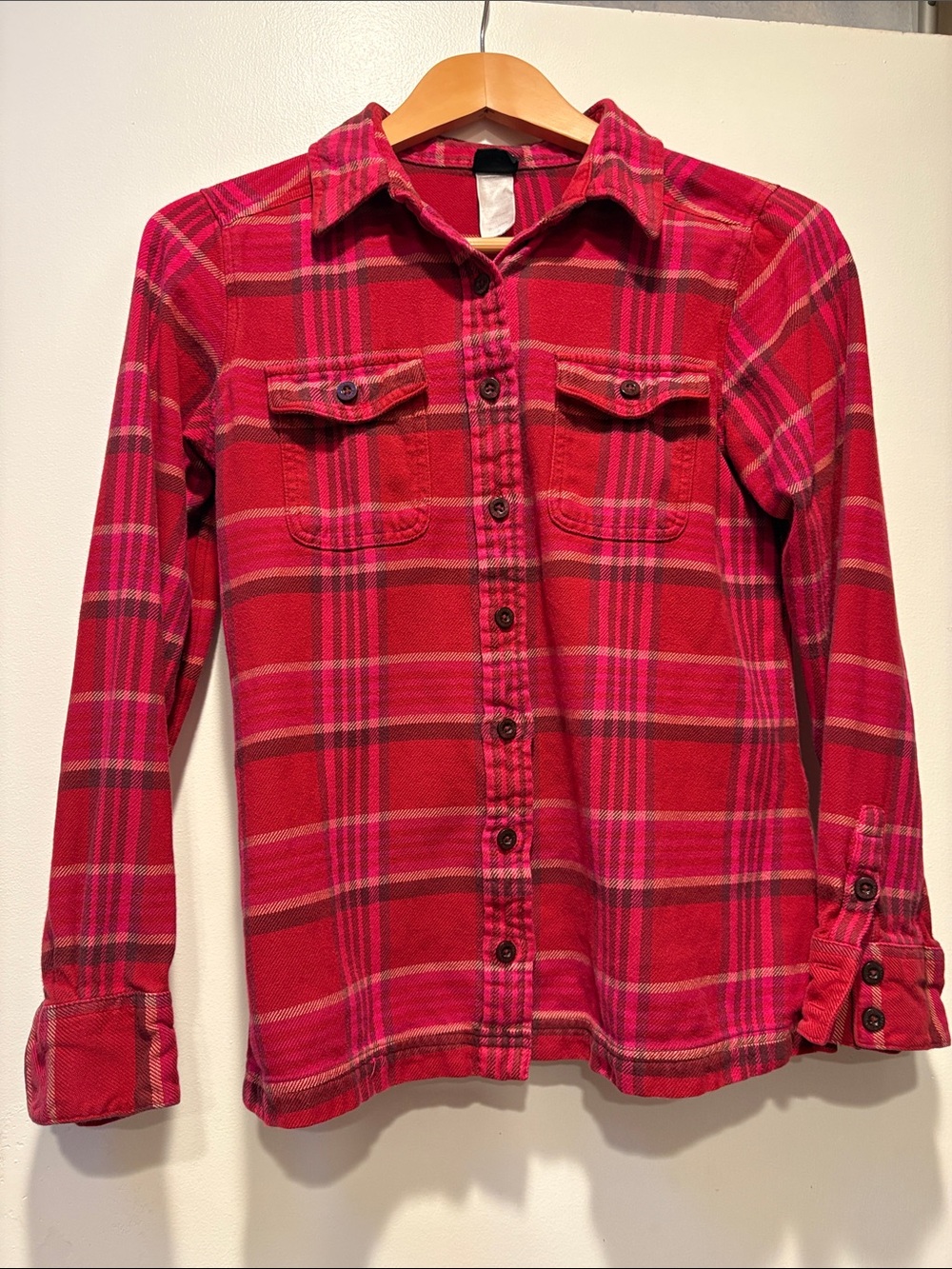 Patagonia Red Plaid Organic Cotton Flannel Button-Down Shirt, Size 2, W small